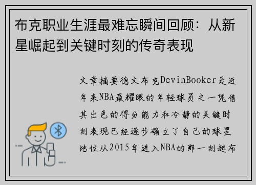 布克职业生涯最难忘瞬间回顾：从新星崛起到关键时刻的传奇表现