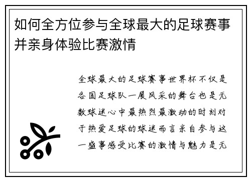 如何全方位参与全球最大的足球赛事并亲身体验比赛激情