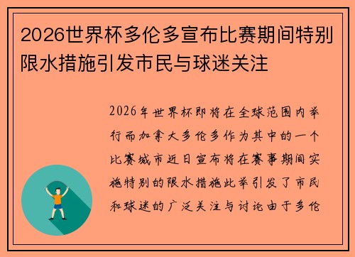 2026世界杯多伦多宣布比赛期间特别限水措施引发市民与球迷关注
